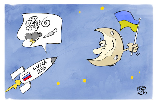 Cartoon: Luna 25 (medium) by Kostas Koufogiorgos tagged karikatur,koufogiorgos,luna,25,ukraine,russland,mond,fahne,krieg,raumfahrt,karikatur,koufogiorgos,luna,25,ukraine,russland,mond,fahne,krieg,raumfahrt