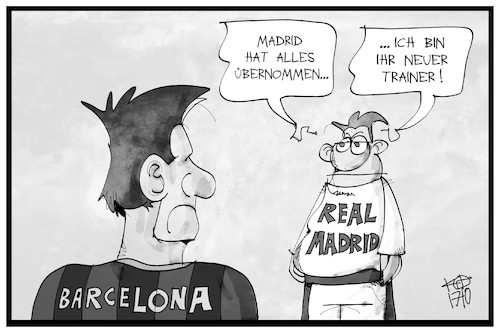 Cartoon: Madrid übernimmt (medium) by Kostas Koufogiorgos tagged karikatur,koufogiorgos,cartoon,illustration,madrid,barcelona,trainer,fussball,club,messi,clasico,katalonien,unabhängigkeit,separatismus,europa,karikatur,koufogiorgos,cartoon,illustration,madrid,barcelona,trainer,fussball,club,messi,clasico,katalonien,unabhängigkeit,separatismus,europa