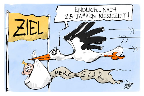 Cartoon: Mercosur (medium) by Kostas Koufogiorgos tagged karikatur,koufogiorgos,mercosur,eu,freihandel,abkommen,storch,kind,flugzeit,baby,südamerika,karikatur,koufogiorgos,mercosur,eu,freihandel,abkommen,storch,kind,flugzeit,baby,südamerika
