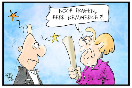 Cartoon: Merkel und Kemmerich (medium) by Kostas Koufogiorgos tagged karikatur,koufogiorgos,illustration,cartoon,merkel,kemmerich,schlag,cdu,fdp,thueringen,koufogiorgos