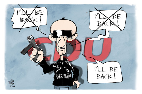 Cartoon: Merz zum Dritten (medium) by Kostas Koufogiorgos tagged karikatur,koufogiorgos,illustration,cartoon,merz,cdu,terminator,karikatur,koufogiorgos,illustration,cartoon,merz,cdu,terminator