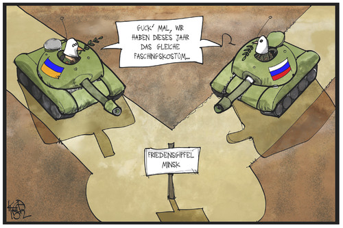 Cartoon: Minsk II (medium) by Kostas Koufogiorgos tagged karikatur,koufogiorgos,illustration,cartoon,minsk,ukraine,krise,konflikt,gipfel,krieg,frieden,panzer,kostüm,maske,fasching,politik,karikatur,koufogiorgos,illustration,cartoon,minsk,ukraine,krise,konflikt,gipfel,krieg,frieden,panzer,kostüm,maske,fasching,politik