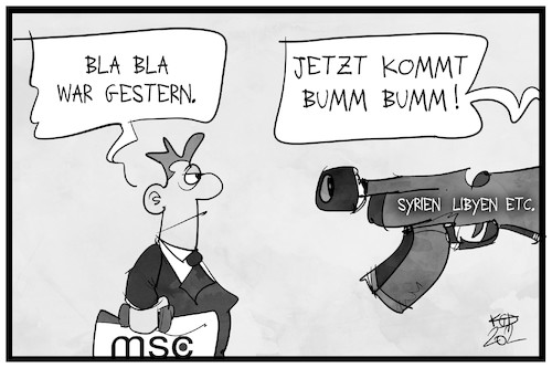 Cartoon: MSC (medium) by Kostas Koufogiorgos tagged karikatur,koufogiorgos,illustration,cartoon,münchen,sicherheitskonferenz,waffe,rüstung,konflikt,krieg,frieden,karikatur,koufogiorgos,illustration,cartoon,münchen,sicherheitskonferenz,waffe,rüstung,konflikt,krieg,frieden