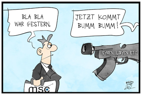 Cartoon: MSC (medium) by Kostas Koufogiorgos tagged karikatur,koufogiorgos,illustration,cartoon,münchen,sicherheitskonferenz,waffe,rüstung,konflikt,krieg,frieden,karikatur,koufogiorgos,illustration,cartoon,münchen,sicherheitskonferenz,waffe,rüstung,konflikt,krieg,frieden