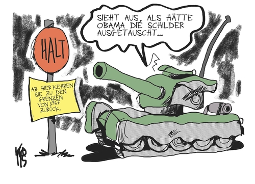 Cartoon: Nahost-Konflikt (medium) by Kostas Koufogiorgos tagged israel,1967,usa,barack obama,konflikt,krieg,panzer,nahost,barack,obama
