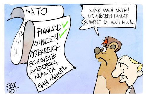 Cartoon: NATO (medium) by Kostas Koufogiorgos tagged karikatur,koufogiorgos,putin,bär,nato,andorra,österreich,schweiz,karikatur,koufogiorgos,putin,bär,nato,andorra,österreich,schweiz