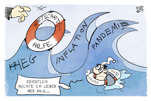 Cartoon: Neue Hilfen für die Wirtschaft (medium) by Kostas Koufogiorgos tagged karikatur,koufogiorgos,rettung,rettungsring,corona,wirtschaft,hilfe,michel,wasser,krieg,inflation,pandemie,karikatur,koufogiorgos,rettung,rettungsring,corona,wirtschaft,hilfe,michel,wasser,krieg,inflation,pandemie