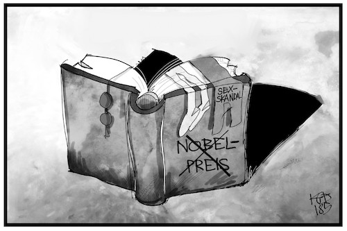 Cartoon: Nobelpreis-Skandal (medium) by Kostas Koufogiorgos tagged karikatur,koufogiorgos,illustration,cartoon,nobelpreis,affäre,skandal,sexuelle,belästigung,schweden,akademie,karikatur,koufogiorgos,illustration,cartoon,nobelpreis,affäre,skandal,sexuelle,belästigung,schweden,akademie