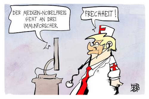 Cartoon: Nobelpreiswoche (medium) by Kostas Koufogiorgos tagged karikatur,koufogiorgos,trump,medizin,arzt,nobelpreis,forschung,immunforscher,karikatur,koufogiorgos,trump,medizin,arzt,nobelpreis,forschung,immunforscher