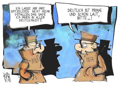 Cartoon: NSA-Affäre (medium) by Kostas Koufogiorgos tagged bnd,nsa,spionage,agent,usa,deutschland,karikatur,koufogiorgos,bnd,nsa,spionage,agent,usa,deutschland,karikatur,koufogiorgos