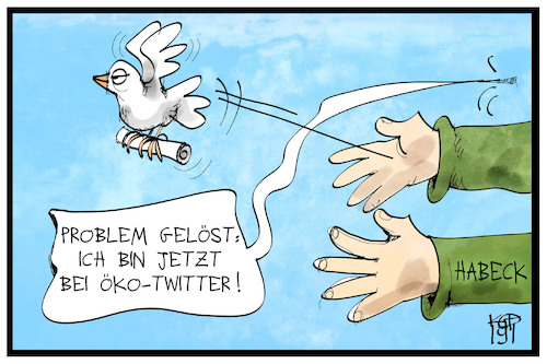 Cartoon: Öko-Twitter (medium) by Kostas Koufogiorgos tagged karikatur,koufogiorgos,illustration,cartoon,habeck,twitter,vogel,öko,grüne,soziale,medien,politik,partei,karikatur,koufogiorgos,illustration,cartoon,habeck,twitter,vogel,öko,grüne,soziale,medien,politik,partei