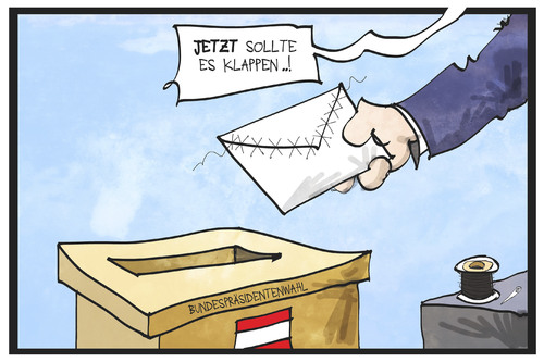 Cartoon: Österreich (medium) by Kostas Koufogiorgos tagged karikatur,koufogiorgos,illustration,cartoon,oesterreich,bundespraesidentenwahl,wahl,klebergate,nadel,fadenpanne,demokratie,urnengang,wahlurne,wahlumschlag,wahlkarte,karikatur,koufogiorgos,illustration,cartoon,oesterreich,bundespraesidentenwahl,wahl,klebergate,nadel,fadenpanne,demokratie,urnengang,wahlurne,wahlumschlag,wahlkarte