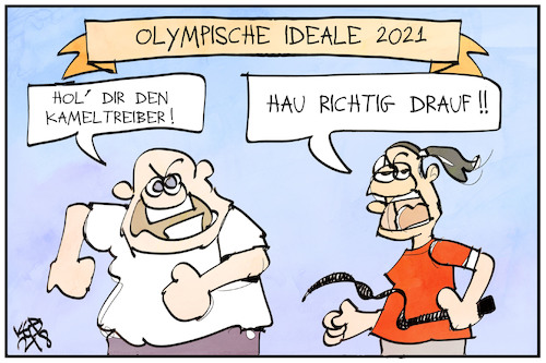 Cartoon: Olympische Ideale (medium) by Kostas Koufogiorgos tagged karikatur,koufogiorgos,illustration,cartoon,pferd,kameltreiber,fünfkampf,ideal,olympia,sport,tierquälerei,karikatur,koufogiorgos,illustration,cartoon,pferd,kameltreiber,fünfkampf,ideal,olympia,sport,tierquälerei