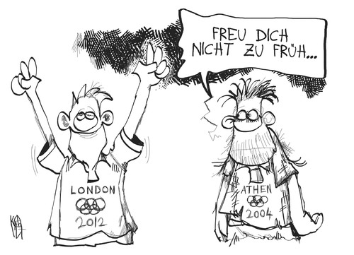 Cartoon: Olympische Spiele (medium) by Kostas Koufogiorgos tagged london,athen,2004,2012,pleite,sport,olympia,olympische,spiele,wirtschaft,karikatur,kostas,koufogiorgos
