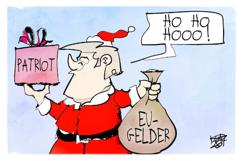 Cartoon: Patriot-Raketen (medium) by Kostas Koufogiorgos tagged karikatur,koufogiorgos,weihnachtsmann,trump,usa,patriot,raketen,eu,geld,zahlung,geschenk,karikatur,koufogiorgos,weihnachtsmann,trump,usa,patriot,raketen,eu,geld,zahlung,geschenk