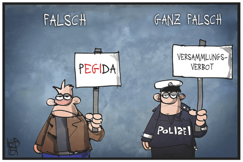 Cartoon: PEGIDA-Absage (medium) by Kostas Koufogiorgos tagged fehler,falsch,einschränkung,grundrecht,versammlungsverbot,demonstration,polizei,pegida,cartoon,illustration,koufogiorgos,karikatur,karikatur,koufogiorgos,illustration,cartoon,pegida,polizei,demonstration,versammlungsverbot,grundrecht,einschränkung,falsch,fehler