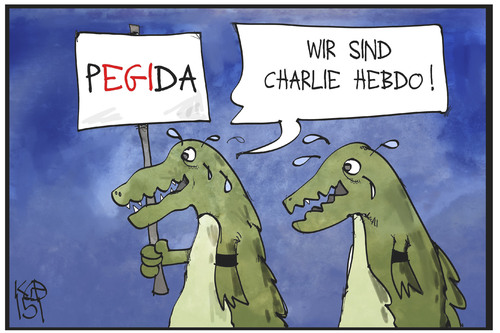 Cartoon: PEGIDA in Trauer (medium) by Kostas Koufogiorgos tagged karikatur,koufogiorgos,illustration,cartoon,charlie,hebdo,pegida,krokodil,krokodilstränen,demonstration,populismus,politik,karikatur,koufogiorgos,illustration,cartoon,charlie,hebdo,pegida,krokodil,krokodilstränen,demonstration,populismus,politik