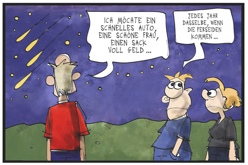 Cartoon: Perseiden (medium) by Kostas Koufogiorgos tagged karikatur,koufogiorgos,illustration,cartoon,perseiden,sternschnuppe,himmel,sternenhimmel,wunsch,traum,astronomie,karikatur,koufogiorgos,illustration,cartoon,perseiden,sternschnuppe,himmel,sternenhimmel,wunsch,traum,astronomie