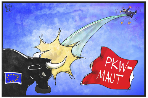 Cartoon: PKW-Maut (medium) by Kostas Koufogiorgos tagged koufogiorgos,karikatur,illustration,cartoon,pkw,maut,eu,europa,dobrindt,stier,tuch,klage,politik,verkehr,abgabe,niederlage,verfahren,maut