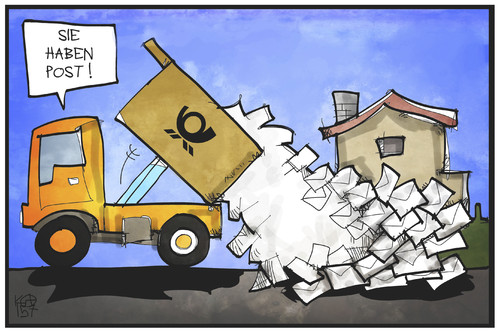 Cartoon: Poststreik-Ende (medium) by Kostas Koufogiorgos tagged karikatur,koufogiorgos,illustration,cartoon,post,poststreik,streikende,briefträger,lkw,laster,brief,zustellung,arbeit,arbeitskampf,karikatur,koufogiorgos,illustration,cartoon,post,poststreik,streikende,briefträger,lkw,laster,brief,zustellung,arbeit,arbeitskampf