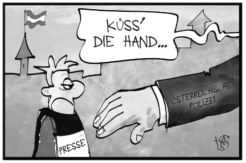 Cartoon: Pressefreiheit Österreich (medium) by Kostas Koufogiorgos tagged karikatur,koufogiorgos,illustration,cartoon,österreich,pressefreiheit,polizei,bmi,innenministerium,handkuss,karikatur,koufogiorgos,illustration,cartoon,österreich,pressefreiheit,polizei,bmi,innenministerium,handkuss