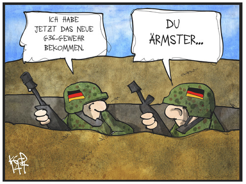 Cartoon: Problemgewehr G36 (medium) by Kostas Koufogiorgos tagged karikatur,koufogiorgos,illustration,cartoon,bundeswehr,soldat,soldatengraben,krieg,g36,heckler,koch,rüstungsindustrie,waffe,gewehr,politik,verteidigung,karikatur,koufogiorgos,illustration,cartoon,bundeswehr,soldat,soldatengraben,krieg,g36,heckler,koch,rüstungsindustrie,waffe,gewehr,politik,verteidigung