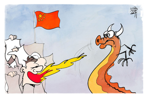 Cartoon: Proteste in China (medium) by Kostas Koufogiorgos tagged karikatur,koufogogiorgos,china,drache,demonstrant,feuer,protest,karikatur,koufogogiorgos,china,drache,demonstrant,feuer,protest