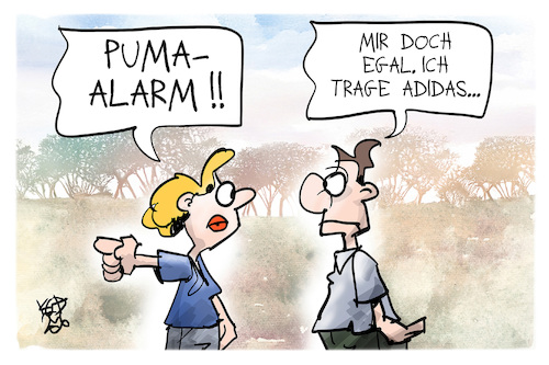 Cartoon: Puma-Sichtung (medium) by Kostas Koufogiorgos tagged karikatur,koufogiorgos,puma,adidas,wildkatze,alarm,karikatur,koufogiorgos,puma,adidas,wildkatze,alarm