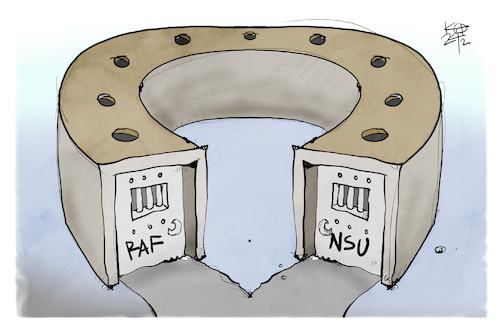 Cartoon: RAF und NSU (medium) by Kostas Koufogiorgos tagged karikatur,koufogiorgos,raf,nsu,hufeisen,zelle,gefängnis,karikatur,koufogiorgos,raf,nsu,hufeisen,zelle,gefängnis