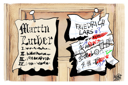 Cartoon: Reformationstag (medium) by Kostas Koufogiorgos tagged karikatur,koufogiorgos,reformationstag,thesen,merz,klingbeil,karikatur,koufogiorgos,reformationstag,thesen,merz,klingbeil