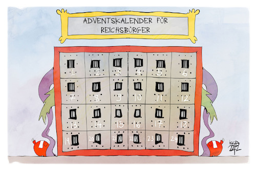 Cartoon: Reichsbürger-Adventskalender (medium) by Kostas Koufogiorgos tagged karikatur,koufogiorgos,adventskalender,razzia,gefängnis,verhaftung,zelle,türchen,reichsbürger,karikatur,koufogiorgos,adventskalender,razzia,gefängnis,verhaftung,zelle,türchen,reichsbürger