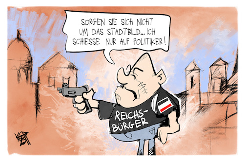 Cartoon: Reichsbürger (medium) by Kostas Koufogiorgos tagged karikatur,koufogiorgos,reichsbürger,politiker,gewalt,schiessen,stadtbild,karikatur,koufogiorgos,reichsbürger,politiker,gewalt,schiessen,stadtbild