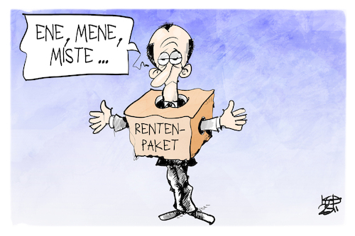 Cartoon: Rentenpaket (medium) by Kostas Koufogiorgos tagged karikatur,koufogiorgos,rentenpaket,kritik,ene,mene,miste,kinderreim,kiste,merz,karikatur,koufogiorgos,rentenpaket,kritik,ene,mene,miste,kinderreim,kiste,merz