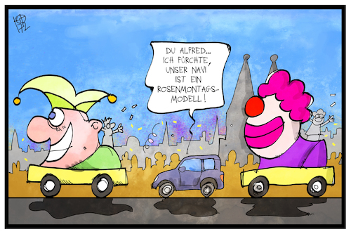 Cartoon: Rosenmontag (medium) by Kostas Koufogiorgos tagged karikatur,koufogiorgos,illustration,cartoon,rosenmontag,navi,verfahren,karneval,fasching,auto,strasse,umzug,fest,kultur,feier,strassenkarneval,fastnacht,karikatur,koufogiorgos,illustration,cartoon,rosenmontag,navi,verfahren,karneval,fasching,auto,strasse,umzug,fest,kultur,feier,strassenkarneval,fastnacht