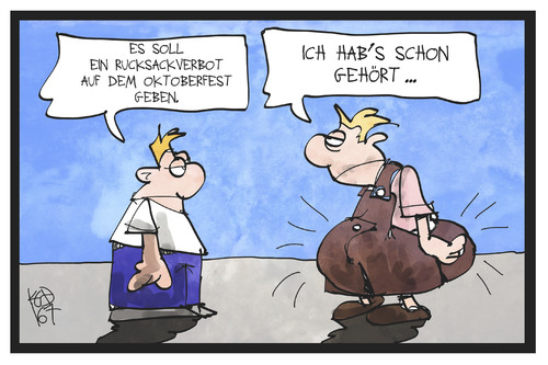 Cartoon: Rucksackverbot (medium) by Kostas Koufogiorgos tagged karikatur,koufogiorgos,illustration,cartoon,rucksack,verbot,oktoberfest,lederhose,terrorgefahr,vorsichtsmassnahme,praevention,terrorismus,karikatur,koufogiorgos,illustration,cartoon,rucksack,verbot,oktoberfest,lederhose,terrorgefahr,vorsichtsmassnahme,praevention,terrorismus