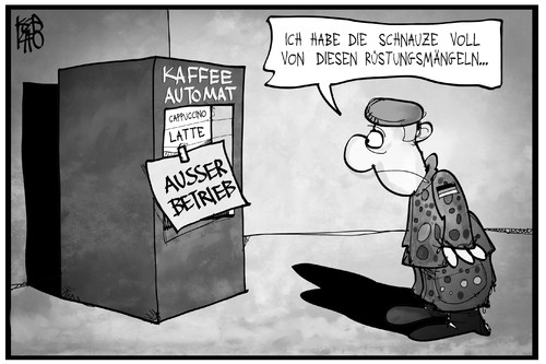 Cartoon: Rüstungsmängel (medium) by Kostas Koufogiorgos tagged karikatur,koufogiorgos,illustration,cartoon,bundeswehr,soldat,kaffee,automat,rüstung,rüstungsmängel,militär,ausrüstung,armee,politik,karikatur,koufogiorgos,illustration,cartoon,bundeswehr,soldat,kaffee,automat,rüstung,rüstungsmängel,militär,ausrüstung,armee,politik