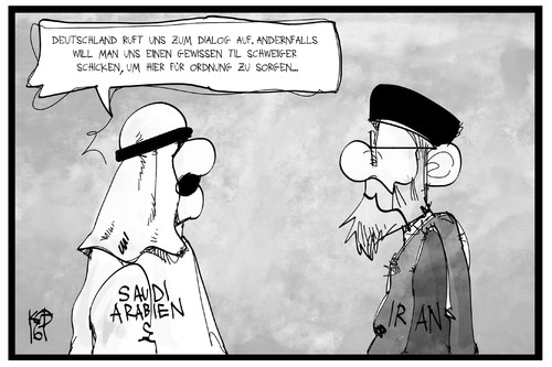 Cartoon: Saudi-Arabien und Iran (medium) by Kostas Koufogiorgos tagged karikatur,koufogiorgos,illustration,cartoon,iran,saudi,arabien,dialog,diplomatie,konflikt,tatort,til,schweiger,tschiller,polizei,karikatur,koufogiorgos,illustration,cartoon,iran,saudi,arabien,dialog,diplomatie,konflikt,tatort,til,schweiger,tschiller,polizei