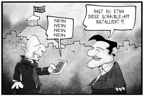 Cartoon: Schäuble sagt nein (medium) by Kostas Koufogiorgos tagged karikatur,koufogiorgos,illustration,cartoon,schaeuble,nein,varoufakis,tsipras,app,handy,smartphone,europa,ablehnung,deutschland,griechenland,karikatur,koufogiorgos,illustration,cartoon,schaeuble,nein,varoufakis,tsipras,app,handy,smartphone,europa,ablehnung,deutschland,griechenland