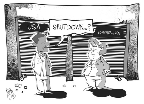 Cartoon: Schwarz-grüner Shutdown (medium) by Kostas Koufogiorgos tagged sondierung,cdu,csu,grüne,usa,obama,shutdown,wirtschaft,koalition,regierung,karikatur,koufogiorgos,sondierung,cdu,csu,grüne,usa,obama,shutdown,wirtschaft,koalition,regierung,karikatur,koufogiorgos