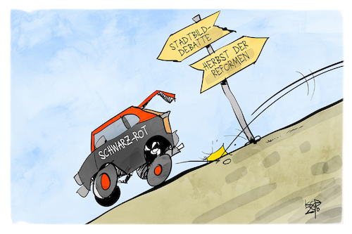 Cartoon: Schwarz-Rot (medium) by Kostas Koufogiorgos tagged karikatur,koufogiorgos,schwarzrot,regierung,stadtbilddebatte,herbst,reformen,berg,wegweiser,karikatur,koufogiorgos,schwarzrot,regierung,stadtbilddebatte,herbst,reformen,berg,wegweiser