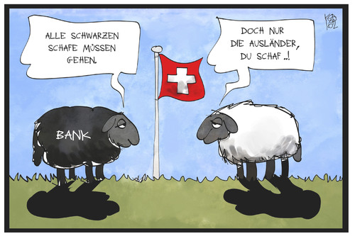 Cartoon: Schweizer schwarze Schafe (medium) by Kostas Koufogiorgos tagged karikatur,koufogiorgos,illustration,cartoon,ausschaffung,schaf,bank,ausländer,banker,kriminalität,ausweisung,abschiebung,wirtschaft,schweiz,referendum,volksentscheid,karikatur,koufogiorgos,illustration,cartoon,ausschaffung,schaf,bank,ausländer,banker,kriminalität,ausweisung,abschiebung,wirtschaft,schweiz,referendum,volksentscheid