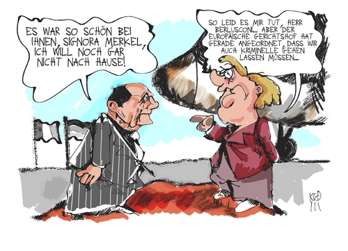 Cartoon: Sicherheitsverwahrung (medium) by Kostas Koufogiorgos tagged berlusconi,merkel,eu,europa,europäischer,gerichtshof,reise,empfang,menschenrechte,strassburg,kriminalitaet,gefaengnis,sicherheitsverwahrung,ruege,politik,karikatur,kostas,koufogiorgos,silvio berlusconi,angela merkel,eu,europa,gerichtshof,reise,empfang,menschenrechte,kriminalität,silvio,berlusconi,angela,merkel