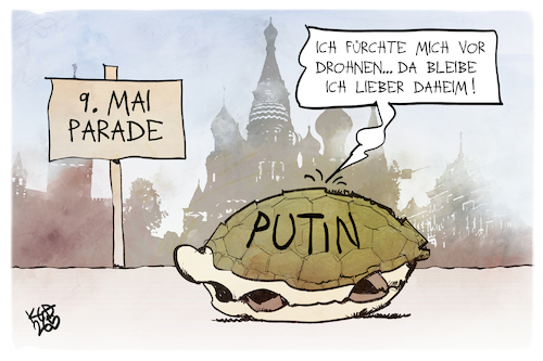 Cartoon: Siegesparade in Moskau (medium) by Kostas Koufogiorgos tagged karikatur,koufogiorgos,putin,siegesparade,mai,schildkröte,angst,feigling,krieg,drohne,karikatur,koufogiorgos,putin,siegesparade,mai,schildkröte,angst,feigling,krieg,drohne