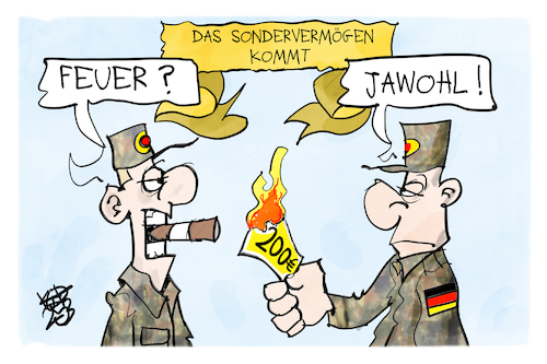 Cartoon: Sondervermögen (medium) by Kostas Koufogiorgos tagged karikatur,koufogiorgos,sondervermögen,bundeswehr,feuer,geld,militär,karikatur,koufogiorgos,sondervermögen,bundeswehr,feuer,geld,militär