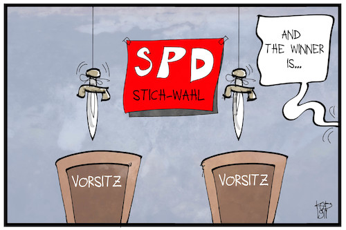 Cartoon: SPD-Vorsitz (medium) by Kostas Koufogiorgos tagged karikatur,koufogiorgos,illustration,cartoon,spd,vorsitz,damokles,schwert,stichwahl,karikatur,koufogiorgos,illustration,cartoon,spd,vorsitz,damokles,schwert,stichwahl