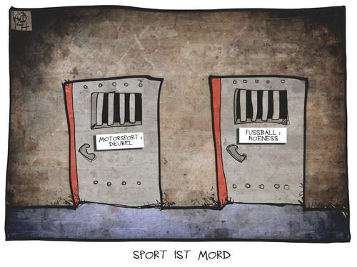 Cartoon: Sport ist Mord (medium) by Kostas Koufogiorgos tagged karikatur,koufogiorgos,cartoon,illustration,sport,mord,gefängnis,haft,hoeness,deubel,zelle,strafe,nürburgring,steuerhinterziehung,geld,untreue,politik,finanzminister,karikatur,koufogiorgos,cartoon,illustration,sport,mord,gefängnis,haft,hoeness,deubel,zelle,strafe,nürburgring,steuerhinterziehung,geld,untreue,politik,finanzminister