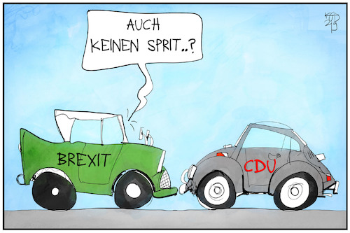 Cartoon: Sprit-Mangel (medium) by Kostas Koufogiorgos tagged karikatur,koufogiorgos,illustration,cartoon,benzin,sprit,brexit,käfer,auto,cdu,antrieb,karikatur,koufogiorgos,illustration,cartoon,benzin,sprit,brexit,käfer,auto,cdu,antrieb