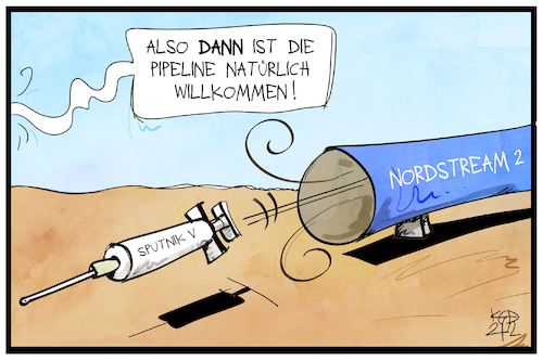 Cartoon: Sputnik V und Nordstream 2 (medium) by Kostas Koufogiorgos tagged karikatur,koufogiorgos,illustration,cartoon,sputnik,nordstream,russland,gas,pipeline,impfstoff,corona,pandemie,karikatur,koufogiorgos,illustration,cartoon,sputnik,nordstream,russland,gas,pipeline,impfstoff,corona,pandemie