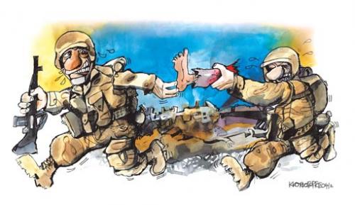 Cartoon: Staffellauf (medium) by Kostas Koufogiorgos tagged krieg,krieg,soldaten,leichenteile,angst,panik,unfähigkeit,grauen,mord,explosionen,wegrennen,waffen,bomben,minen,misstände,ethinse,säuberung,kritik,frieden,demokratie