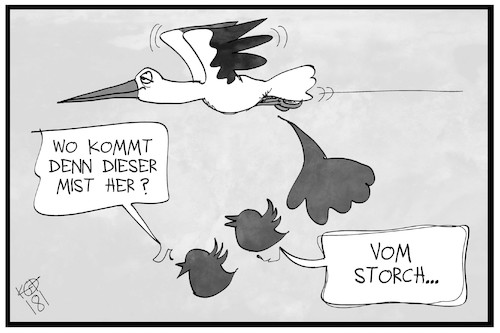 Cartoon: Storch twittert (medium) by Kostas Koufogiorgos tagged karikatur,koufogiorgos,illustration,cartoon,storch,twitter,soziale,medien,rassismus,volksverhetzung,afd,politik,karikatur,koufogiorgos,illustration,cartoon,storch,twitter,soziale,medien,rassismus,volksverhetzung,afd,politik